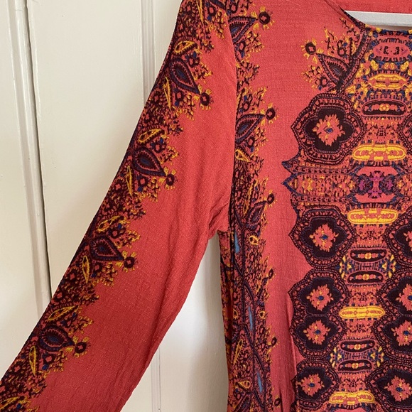 Free People Smooth Talker Mini Tunic Boho Dress Rust Red Paisley Ruffle Hem - Picture 5 of 6